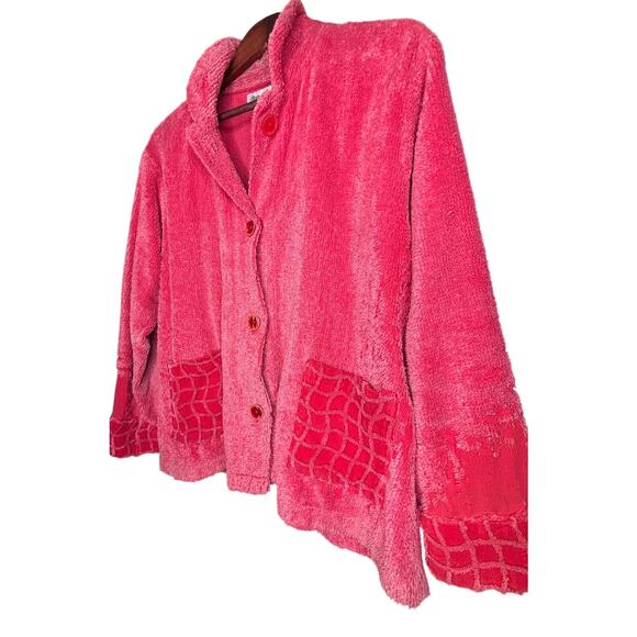 Vtg Norm Thompson Chenille Cardigan Pink/Red Unique Patterned Pockets & Sleeves - Picture 4 of 16